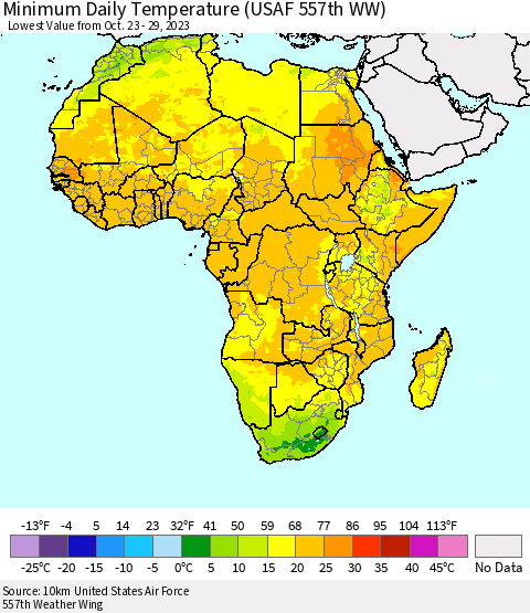 Africa Minimum Daily Temperature (USAF 557th WW) Thematic Map For 10/23/2023 - 10/29/2023