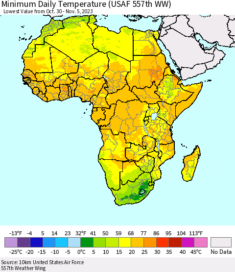 Africa Minimum Daily Temperature (USAF 557th WW) Thematic Map For 10/30/2023 - 11/5/2023