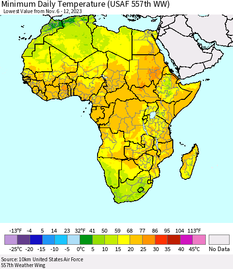 Africa Minimum Daily Temperature (USAF 557th WW) Thematic Map For 11/6/2023 - 11/12/2023