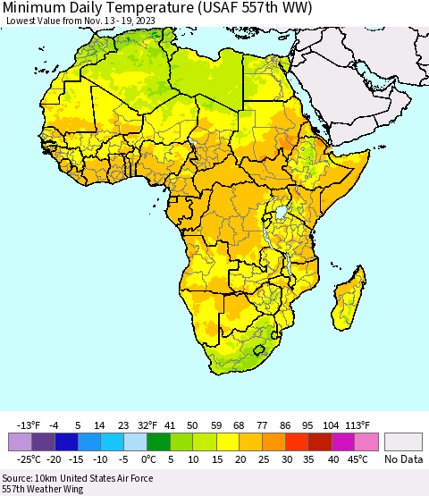Africa Minimum Daily Temperature (USAF 557th WW) Thematic Map For 11/13/2023 - 11/19/2023