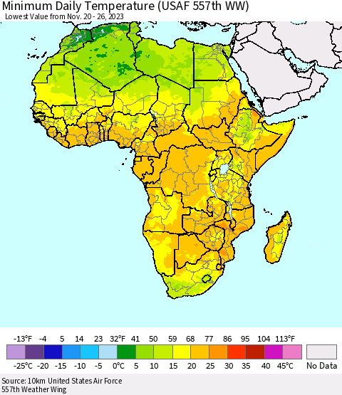 Africa Minimum Daily Temperature (USAF 557th WW) Thematic Map For 11/20/2023 - 11/26/2023