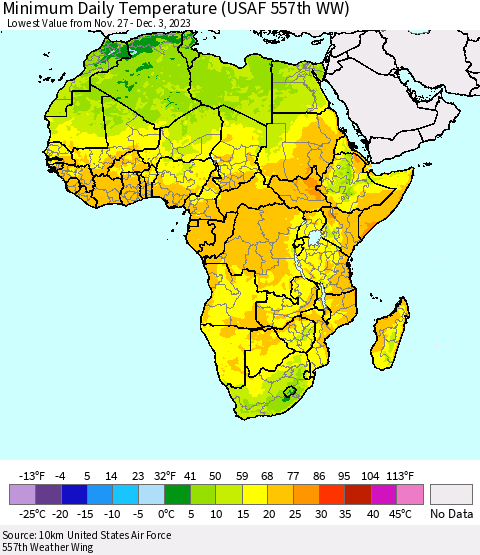 Africa Minimum Daily Temperature (USAF 557th WW) Thematic Map For 11/27/2023 - 12/3/2023