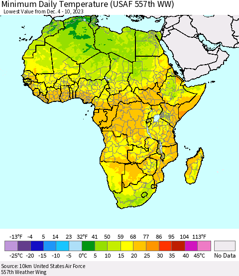 Africa Minimum Daily Temperature (USAF 557th WW) Thematic Map For 12/4/2023 - 12/10/2023