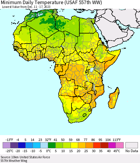 Africa Minimum Daily Temperature (USAF 557th WW) Thematic Map For 12/11/2023 - 12/17/2023