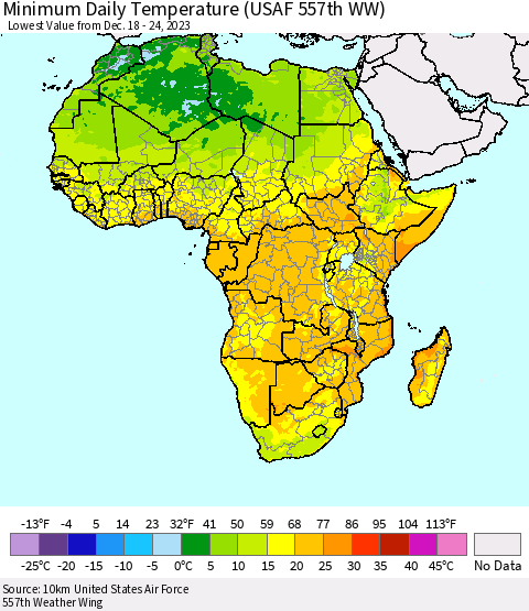 Africa Minimum Daily Temperature (USAF 557th WW) Thematic Map For 12/18/2023 - 12/24/2023