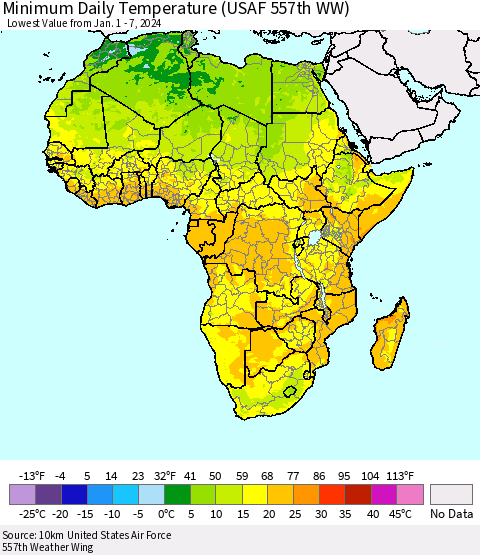 Africa Minimum Daily Temperature (USAF 557th WW) Thematic Map For 1/1/2024 - 1/7/2024