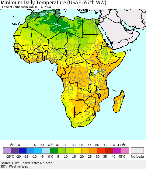 Africa Minimum Daily Temperature (USAF 557th WW) Thematic Map For 1/8/2024 - 1/14/2024