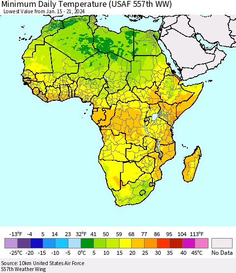 Africa Minimum Daily Temperature (USAF 557th WW) Thematic Map For 1/15/2024 - 1/21/2024