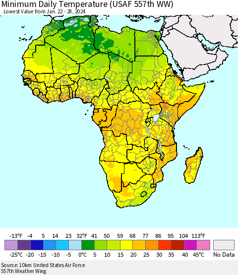 Africa Minimum Daily Temperature (USAF 557th WW) Thematic Map For 1/22/2024 - 1/28/2024