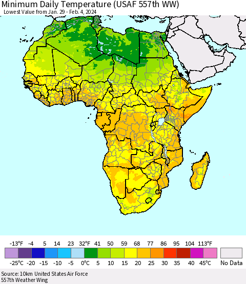 Africa Minimum Daily Temperature (USAF 557th WW) Thematic Map For 1/29/2024 - 2/4/2024