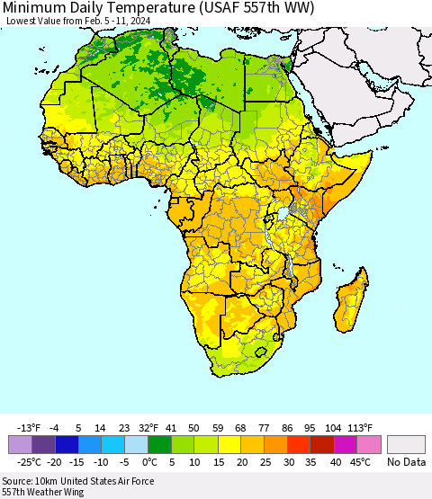 Africa Minimum Daily Temperature (USAF 557th WW) Thematic Map For 2/5/2024 - 2/11/2024
