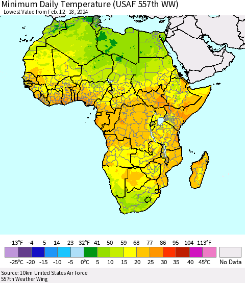 Africa Minimum Daily Temperature (USAF 557th WW) Thematic Map For 2/12/2024 - 2/18/2024