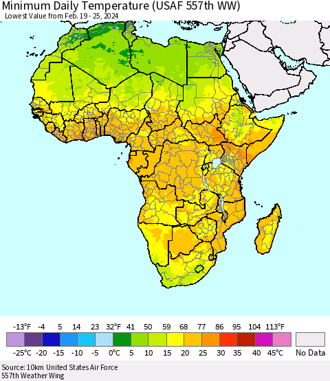 Africa Minimum Daily Temperature (USAF 557th WW) Thematic Map For 2/19/2024 - 2/25/2024
