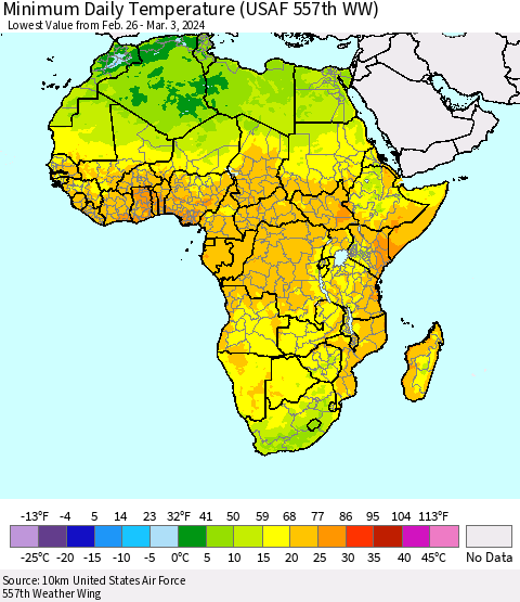 Africa Minimum Daily Temperature (USAF 557th WW) Thematic Map For 2/26/2024 - 3/3/2024
