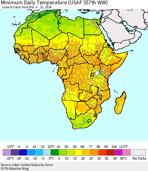 Africa Minimum Daily Temperature (USAF 557th WW) Thematic Map For 3/4/2024 - 3/10/2024