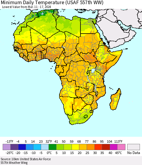 Africa Minimum Daily Temperature (USAF 557th WW) Thematic Map For 3/11/2024 - 3/17/2024