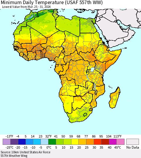Africa Minimum Daily Temperature (USAF 557th WW) Thematic Map For 3/25/2024 - 3/31/2024