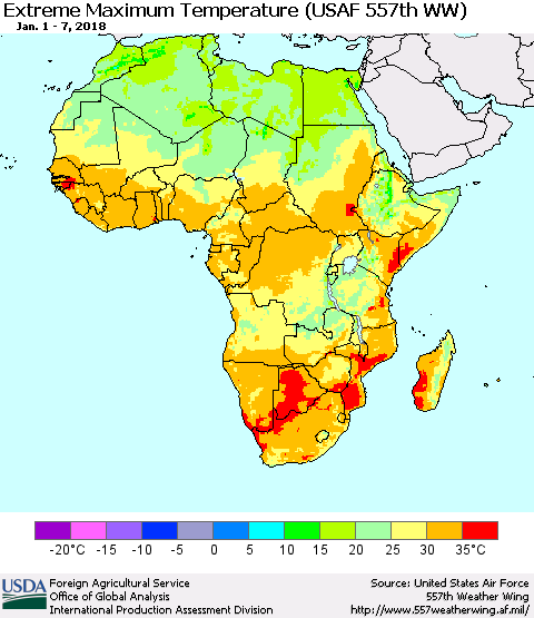 Africa Maximum Daily Temperature (USAF 557th WW) Thematic Map For 1/1/2018 - 1/7/2018