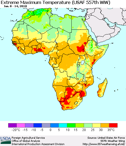 Africa Maximum Daily Temperature (USAF 557th WW) Thematic Map For 1/8/2018 - 1/14/2018
