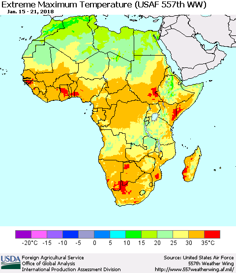 Africa Maximum Daily Temperature (USAF 557th WW) Thematic Map For 1/15/2018 - 1/21/2018