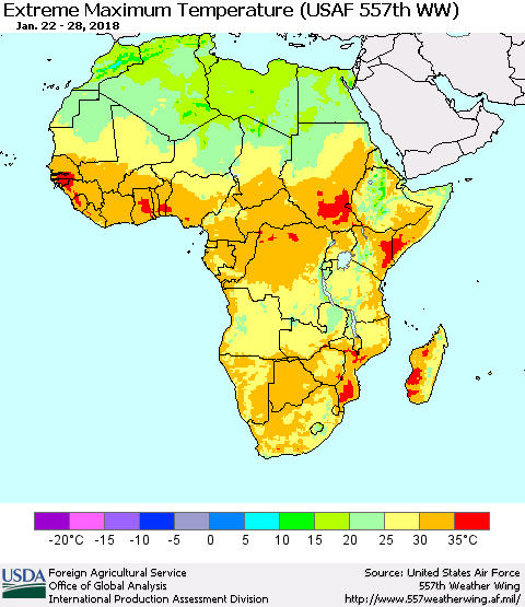 Africa Maximum Daily Temperature (USAF 557th WW) Thematic Map For 1/22/2018 - 1/28/2018