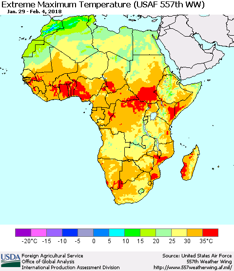 Africa Maximum Daily Temperature (USAF 557th WW) Thematic Map For 1/29/2018 - 2/4/2018