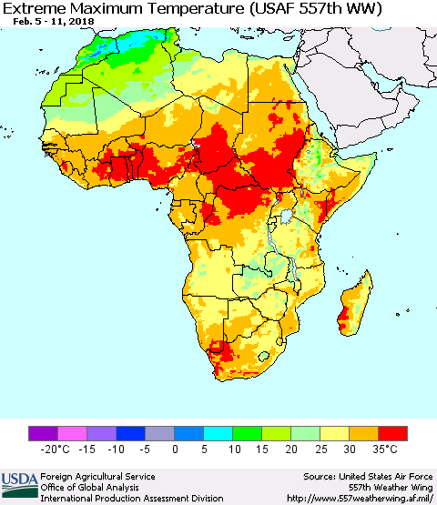 Africa Maximum Daily Temperature (USAF 557th WW) Thematic Map For 2/5/2018 - 2/11/2018
