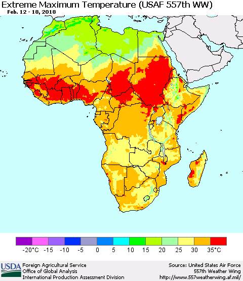 Africa Maximum Daily Temperature (USAF 557th WW) Thematic Map For 2/12/2018 - 2/18/2018
