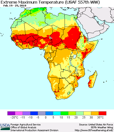 Africa Maximum Daily Temperature (USAF 557th WW) Thematic Map For 2/19/2018 - 2/25/2018