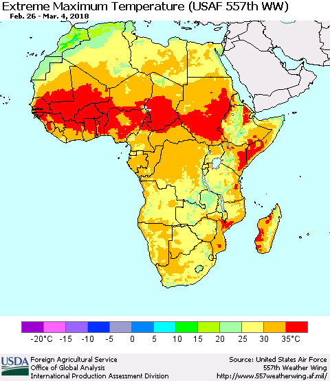 Africa Maximum Daily Temperature (USAF 557th WW) Thematic Map For 2/26/2018 - 3/4/2018