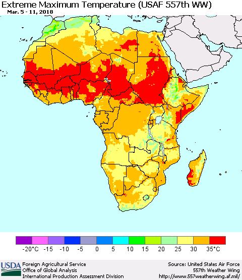 Africa Maximum Daily Temperature (USAF 557th WW) Thematic Map For 3/5/2018 - 3/11/2018