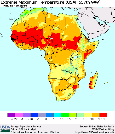 Africa Maximum Daily Temperature (USAF 557th WW) Thematic Map For 3/12/2018 - 3/18/2018