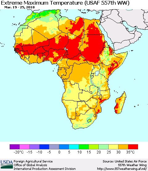 Africa Maximum Daily Temperature (USAF 557th WW) Thematic Map For 3/19/2018 - 3/25/2018