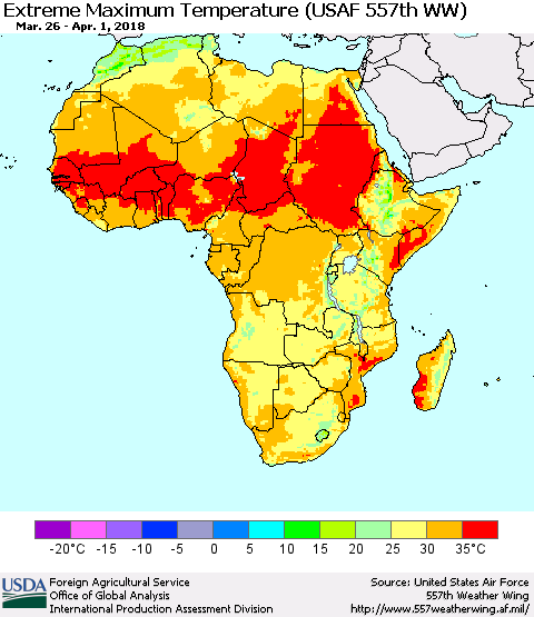 Africa Maximum Daily Temperature (USAF 557th WW) Thematic Map For 3/26/2018 - 4/1/2018