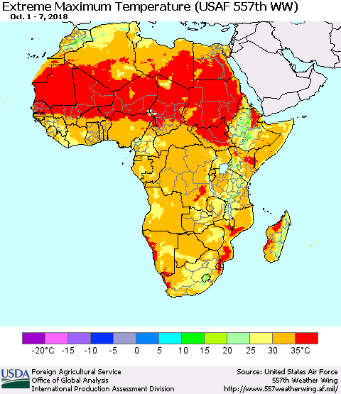 Africa Maximum Daily Temperature (USAF 557th WW) Thematic Map For 10/1/2018 - 10/7/2018