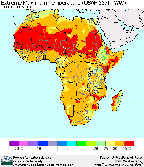 Africa Maximum Daily Temperature (USAF 557th WW) Thematic Map For 10/8/2018 - 10/14/2018