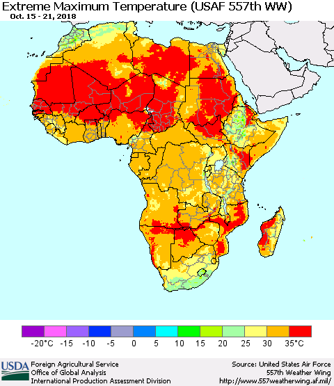 Africa Maximum Daily Temperature (USAF 557th WW) Thematic Map For 10/15/2018 - 10/21/2018