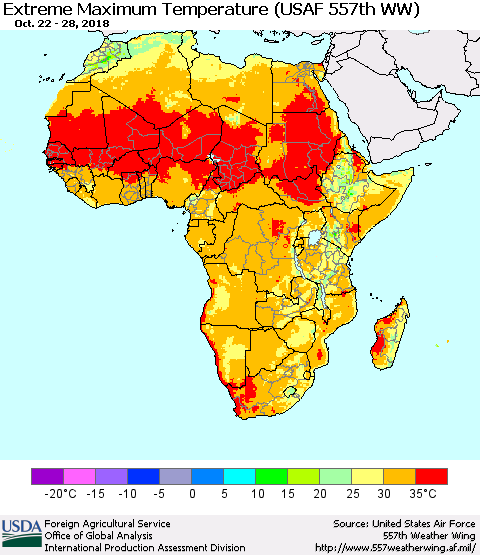 Africa Maximum Daily Temperature (USAF 557th WW) Thematic Map For 10/22/2018 - 10/28/2018