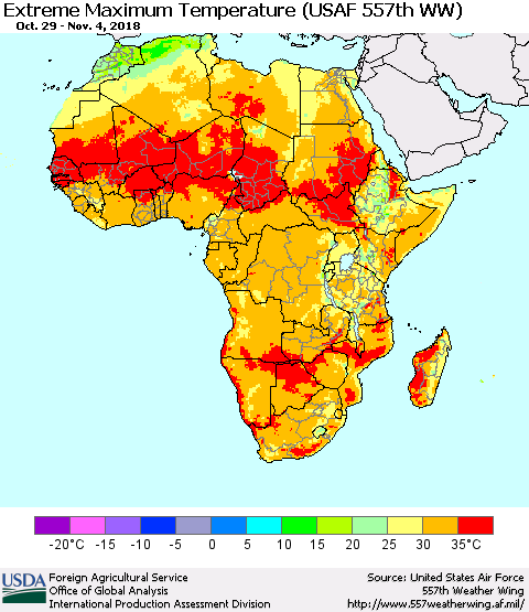 Africa Maximum Daily Temperature (USAF 557th WW) Thematic Map For 10/29/2018 - 11/4/2018