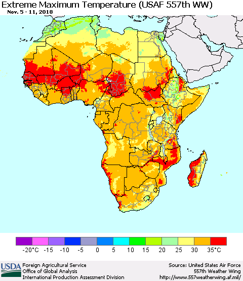 Africa Maximum Daily Temperature (USAF 557th WW) Thematic Map For 11/5/2018 - 11/11/2018