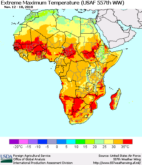Africa Maximum Daily Temperature (USAF 557th WW) Thematic Map For 11/12/2018 - 11/18/2018