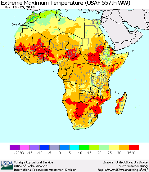 Africa Maximum Daily Temperature (USAF 557th WW) Thematic Map For 11/19/2018 - 11/25/2018