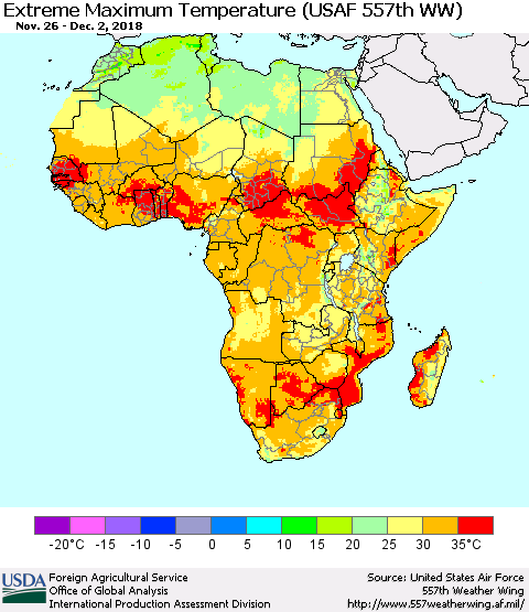 Africa Maximum Daily Temperature (USAF 557th WW) Thematic Map For 11/26/2018 - 12/2/2018