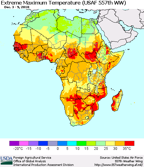 Africa Maximum Daily Temperature (USAF 557th WW) Thematic Map For 12/3/2018 - 12/9/2018
