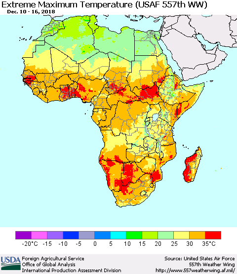 Africa Maximum Daily Temperature (USAF 557th WW) Thematic Map For 12/10/2018 - 12/16/2018