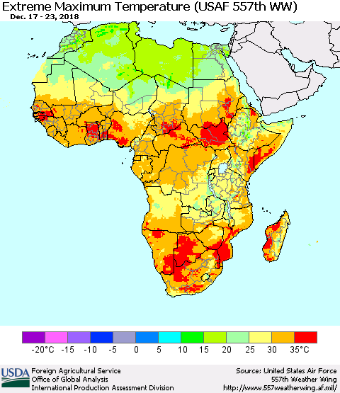 Africa Maximum Daily Temperature (USAF 557th WW) Thematic Map For 12/17/2018 - 12/23/2018