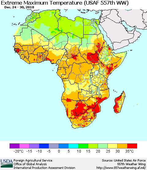 Africa Maximum Daily Temperature (USAF 557th WW) Thematic Map For 12/24/2018 - 12/30/2018