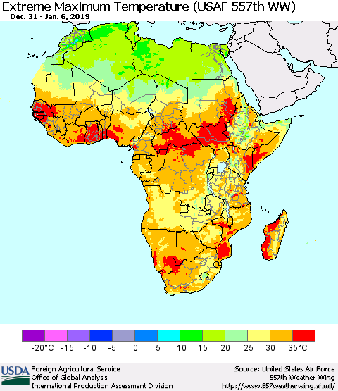 Africa Maximum Daily Temperature (USAF 557th WW) Thematic Map For 12/31/2018 - 1/6/2019