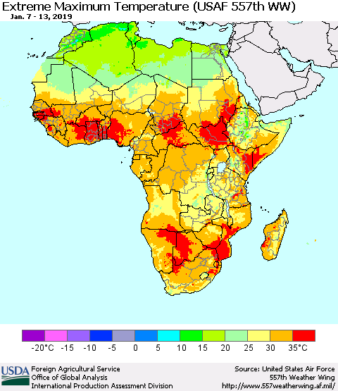 Africa Maximum Daily Temperature (USAF 557th WW) Thematic Map For 1/7/2019 - 1/13/2019