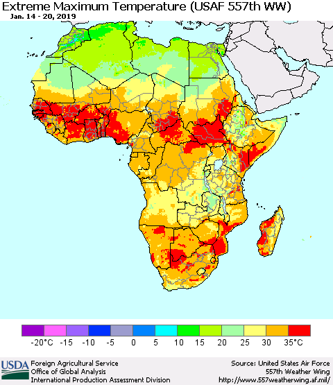 Africa Maximum Daily Temperature (USAF 557th WW) Thematic Map For 1/14/2019 - 1/20/2019